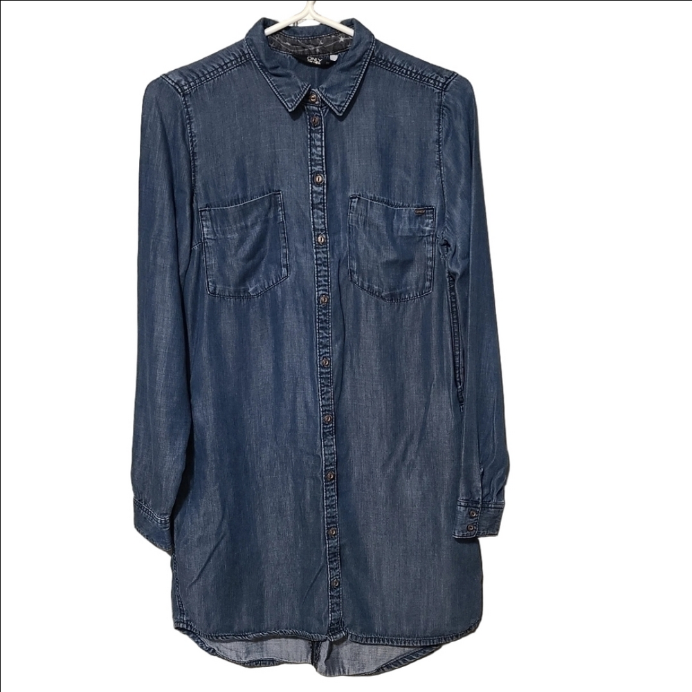 Only Denim Shirt Dress Button Front Dark Blue Wash Long Sleeves Pockets Size 36